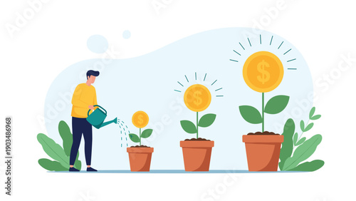 Professional man using a watering can to nurture small plants that are growing into large gold coins in various stages of investment.