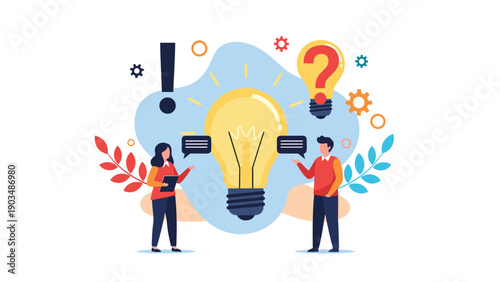Man and woman having a creative discussion next to a giant glowing lightbulb with question and exclamation marks for idea generation.