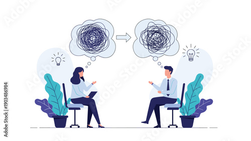Psychologist having a therapy session with a patient to transform tangled messy thoughts into organized clear ideas for mental health.