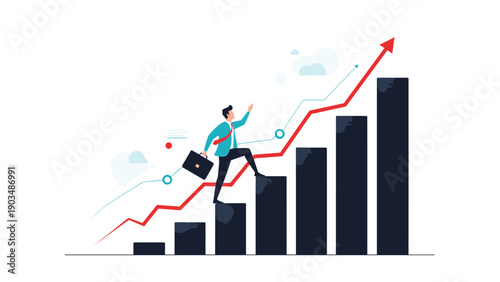 Determined businessman carrying a briefcase while running up a rising bar chart with a red arrow pointing upwards for business success.