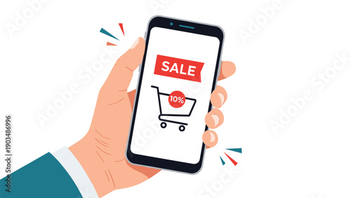 Close-up of a hand holding a smartphone displaying a shopping cart with a ten percent discount sale banner for mobile commerce.