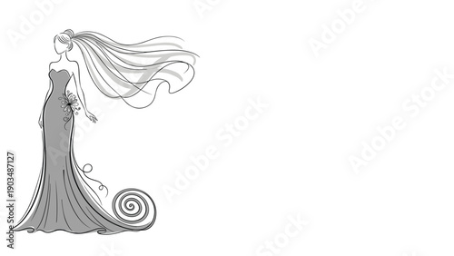Elegant hand drawn line art illustration of a beautiful bride wearing a long flowing wedding dress and a sheer veil.