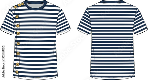 Nautical Striped T-Shirt Vector Flat Sketch with Side Buttons Front and Back View Technical Drawing for Fashion Design