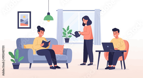 Three people relax and work in a well-lit living room setting
