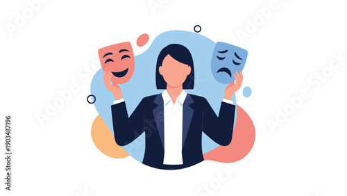 Professional woman in a business suit holding a happy and a sad theatrical mask to represent emotional duality.