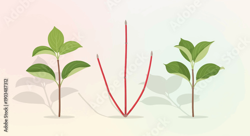 Two green plants flank a central cluster of red sticks with pointed ends