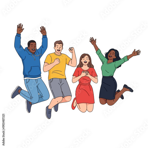 Diverse group of friends jumping for joy and celebrating success with open arms