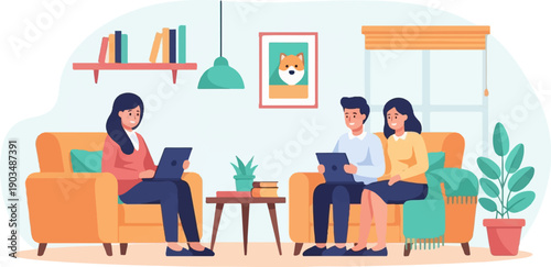 Three people in a room using laptops and tablets, with decor