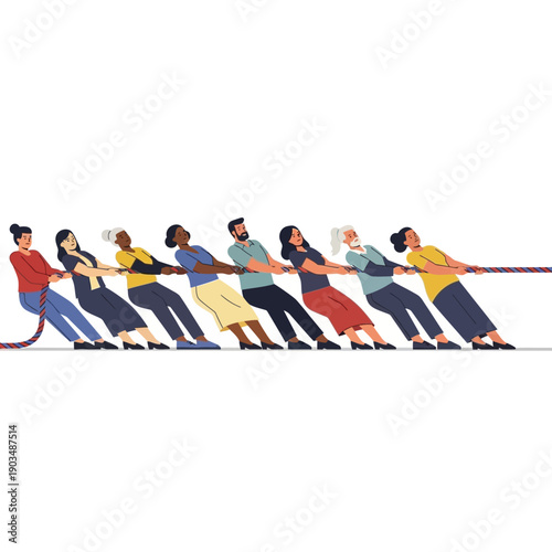 Diverse People Tug of War Competition, Teamwork and Struggle