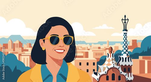 Stylized portrait of a woman in sunglasses with a cityscape and unique architecture