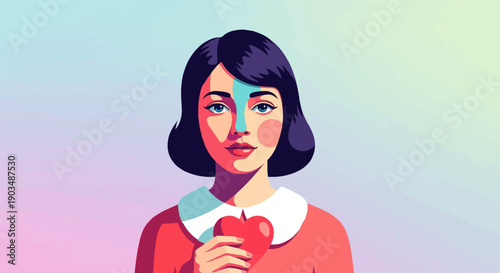 Stylized portrait of a woman in a red dress holding a red heart