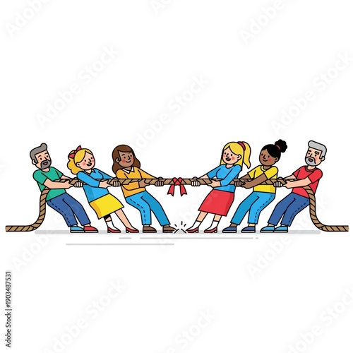 Diverse group of people playing tug of war, teamwork concept, competition and struggle