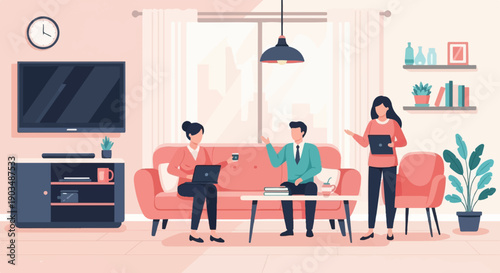 Three people in a modern living room, discussing work on laptops and tablets