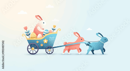 Two colorful rabbits pull a cart filled with Easter eggs and flowers