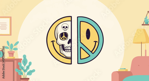 Two halves of a circle, one with a skull and peace sign, other a smiley face