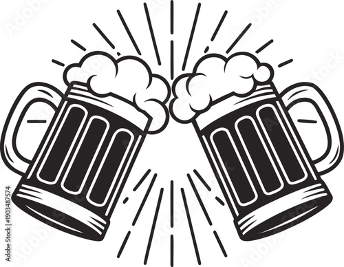 Cheers to Good Times: Two frothy beer mugs clink together in a joyful toast, radiating an atmosphere of camaraderie, celebration, and merriment. perfect for a social gathering, a casual toast.