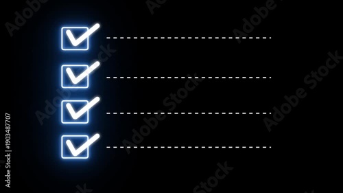 Checklist on the dashed line icon with check marks. Check all the boxes of checklist. Checking a to do list. checklist concept animation on black background.