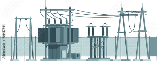 electrical substation transformer vector illustration, high voltage power grid equipment, industrial electricity transmission infrastructure engineering technology design system