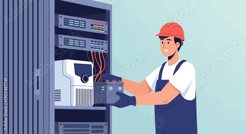 Technician installs battery in server rack