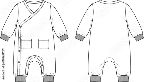 Baby Romper Technical Flat Sketch Vector, Kimono Style Jumpsuit Front and Back View with Pockets and Ribbed Cuffs
