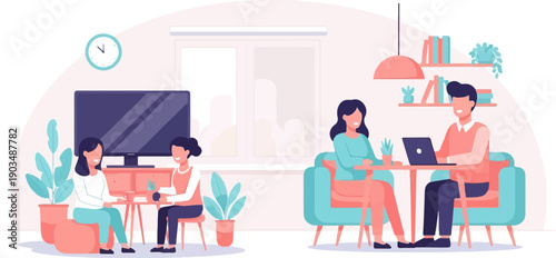 Two couples in a modern living room, one watching TV, other working on laptop