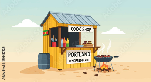 Sunny beach food stall with grill and barrel