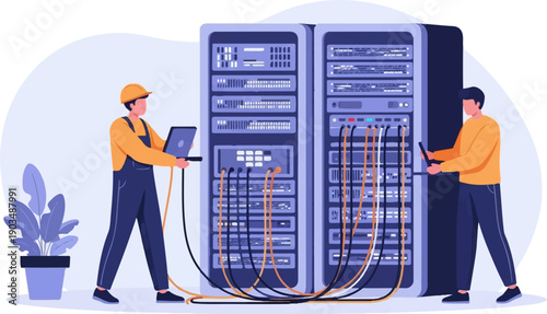 Technicians connecting cables to server racks with a laptop