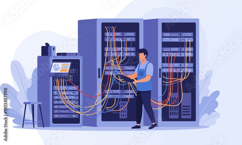 Technician works with servers and cables in a data center