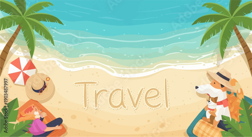 Sunny beach scene with palm trees, ocean, and dogs enjoying vacation