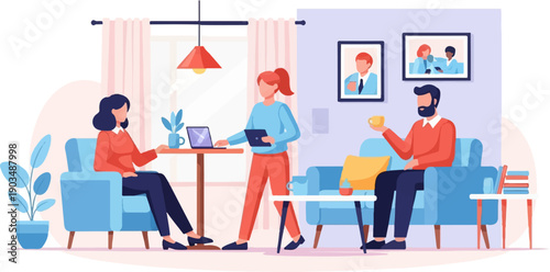 Three people in a living room, two are sitting and one is standing near a laptop