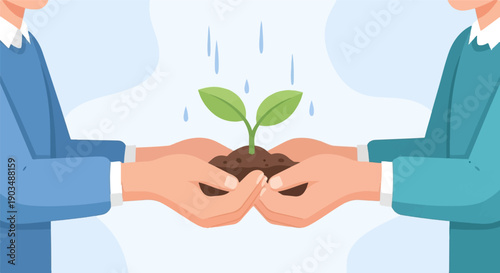 Two hands nurturing a sprout with raindrops overhead