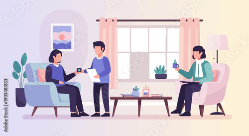 Three people conversing in a cozy living room with drinks
