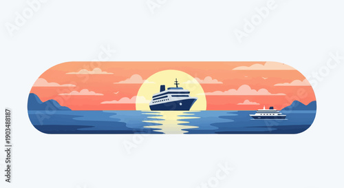 Two cruise ships sail on a blue sea at sunset with a large sun