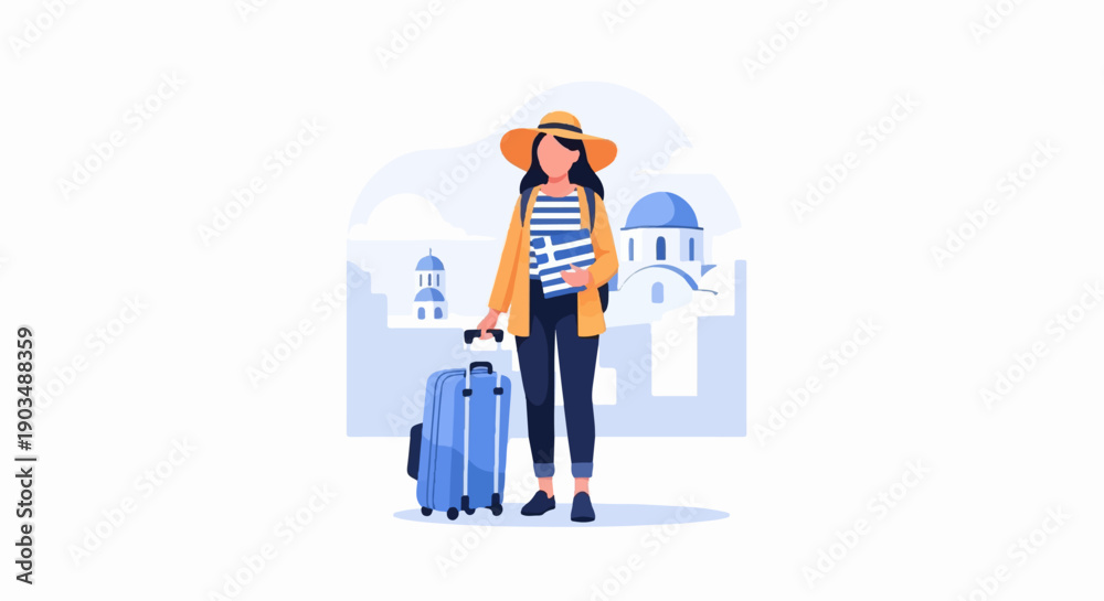 Fototapeta premium Traveler with suitcase and Greek flag brochure in front of white buildings