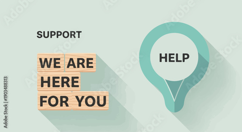 Support message with help icon and wooden blocks