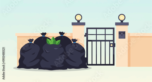 Trash bags piled near a closed gate with decorative lamps