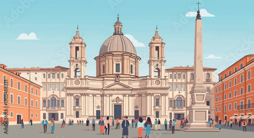 Stylized pixel art of Piazza Navona with a church and obelisk