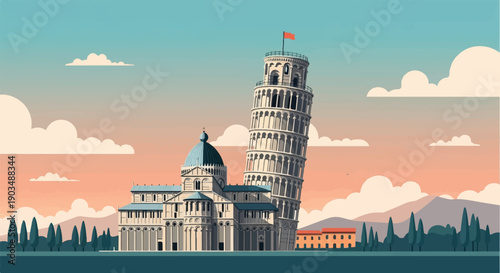 Stylized pixel art of Pisa's iconic leaning tower and cathedral at sunset