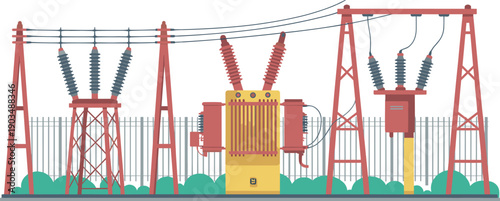 electrical transformer substation vector illustration, high voltage power grid equipment, industrial electricity transmission infrastructure engineering design system