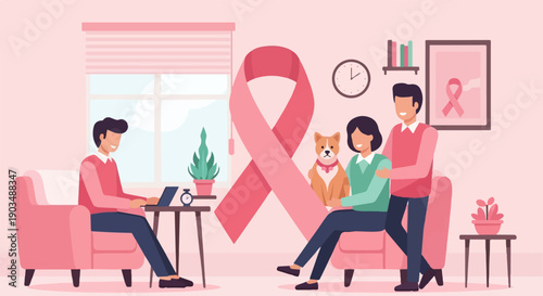 Supportive family and pet gather near a large pink ribbon symbol