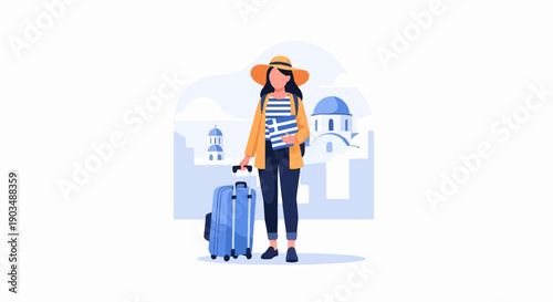 Traveler with suitcase and Greek flag brochure in front of white buildings