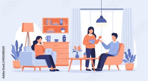 Three people are enjoying a relaxed moment indoors with drinks