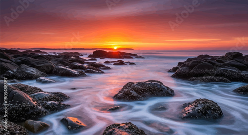 Sunset over rocky coast with gentle waves washing ashore