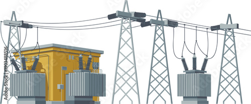 high voltage electrical substation illustration, power transformer and transmission towers, electricity distribution network, utility engineering infrastructure, industrial energy design