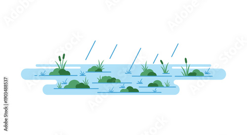 Minimalist flat illustration of a rainy swamp or wetland with cattails and grass, depicting nature and weather.