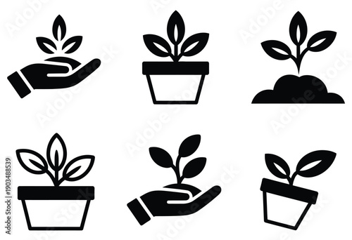 Growth and Nurturing Plants icons, vector symbols of hands nurturing plants in pots, black and white minimalist design, representing gardening, plant care, growth, and sustainability, isolated on whit
