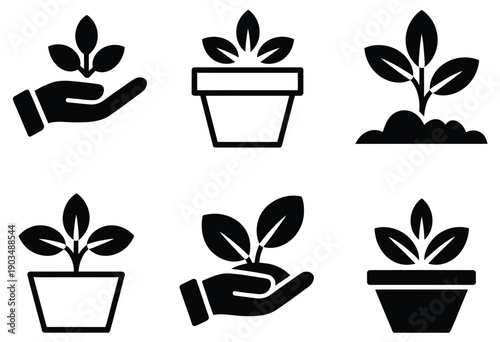 Growth and Nurturing Plants icons, black and white vector illustration of hands holding potted plants, representing care, cultivation, gardening, and sustainability, isolated on white background, suit