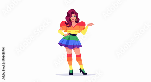 Stylized pixel art of a drag performer in rainbow attire