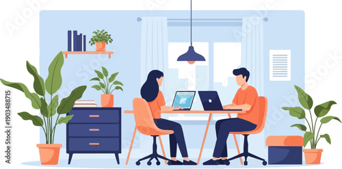 Two individuals collaborate on laptops at a desk in a modern home office