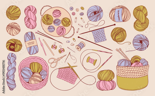 Hand Drawn Knitting and Craft Illustrations Clipart.  Yarn, Needles, Hooks, Scissors, Pins and Baskets of Thread.